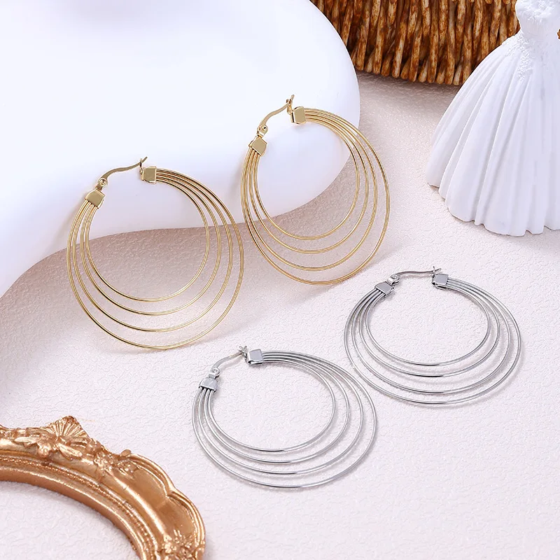 QIFEI Exaggerated Geometric Thread Hoop Earrings Stainless Steel 18K Real Gold Jewelry Earrings