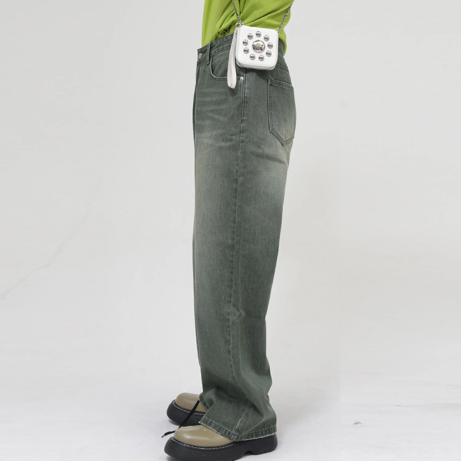 Wide Leg Army Green Vintage Jeans High Waist Retro Stone Washing Plus Size Straight Jeans Men