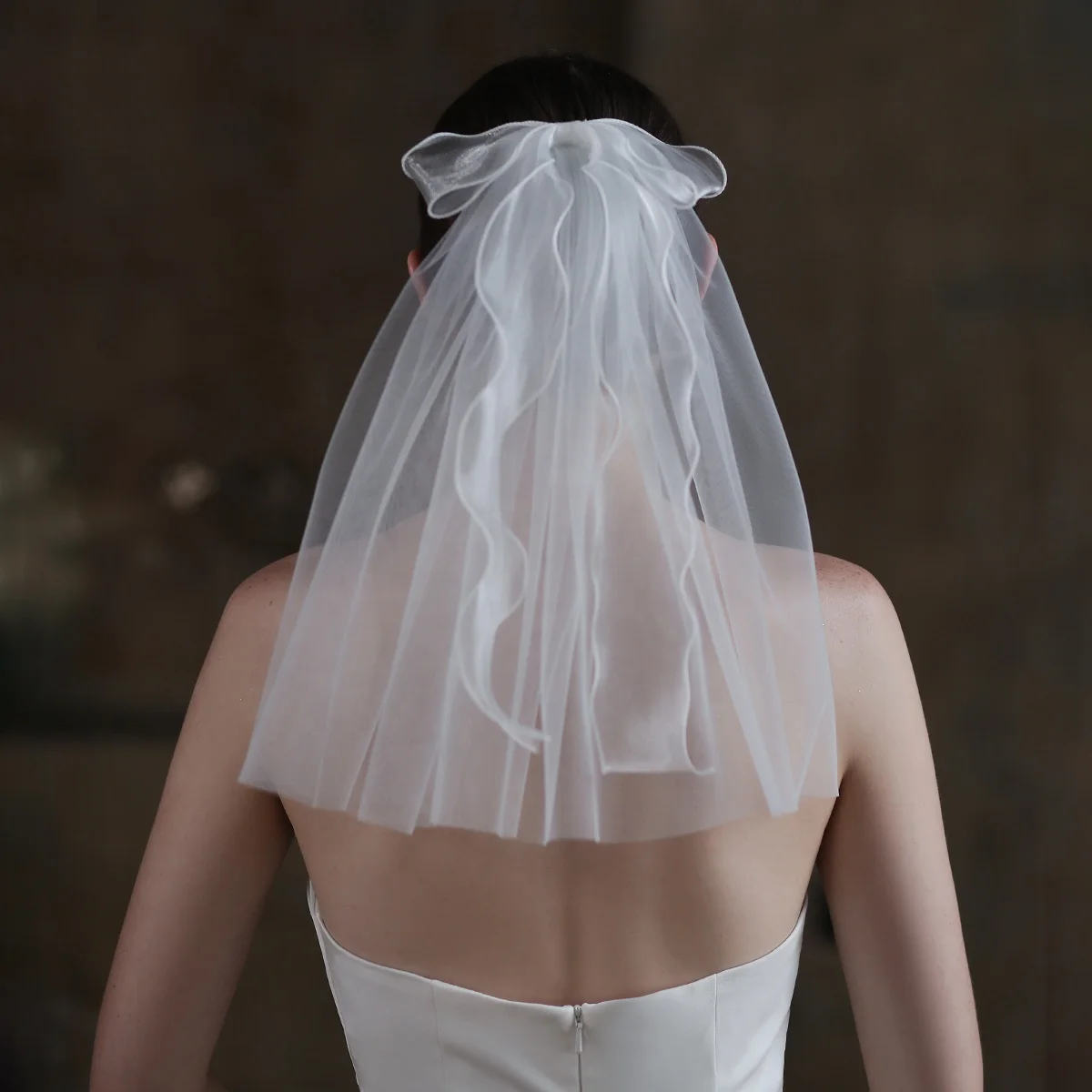 Fashion Wedding Veil Pearl Bow Hair Accessories Short Soft Tulle One-Layer Ribbon Bowknot Decoration