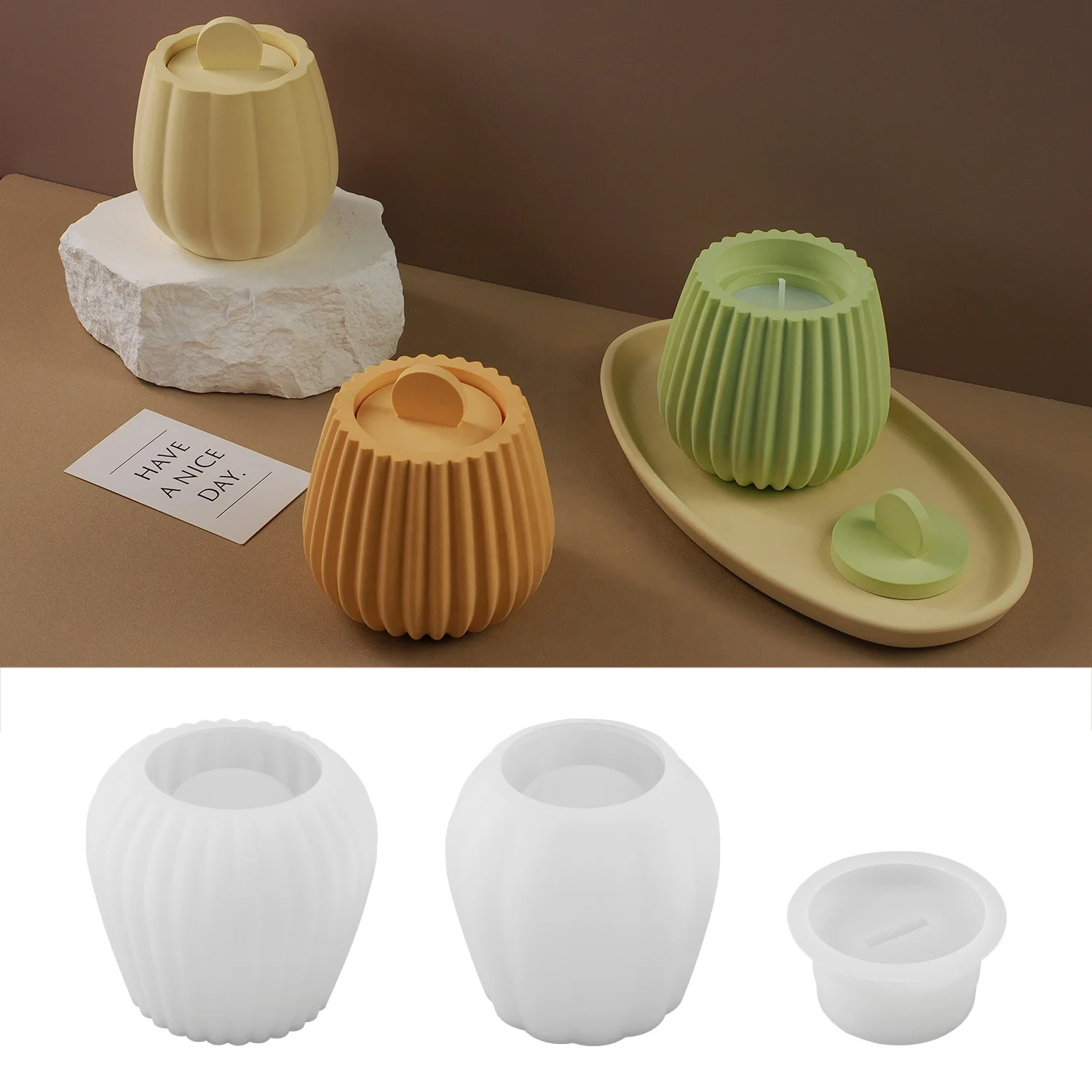 CARATTE Striped Candle Jar Pot Mold with Lid Concrete Cement Jar Silicone Mold for Wax Candle Making