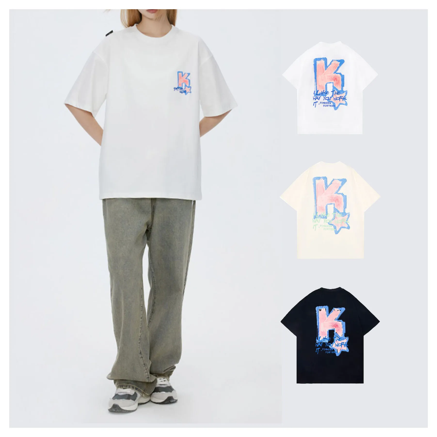 Wholesale 70% cotton 30% polyester black and white t-shirt printing your brand streetwear t shirt for young people