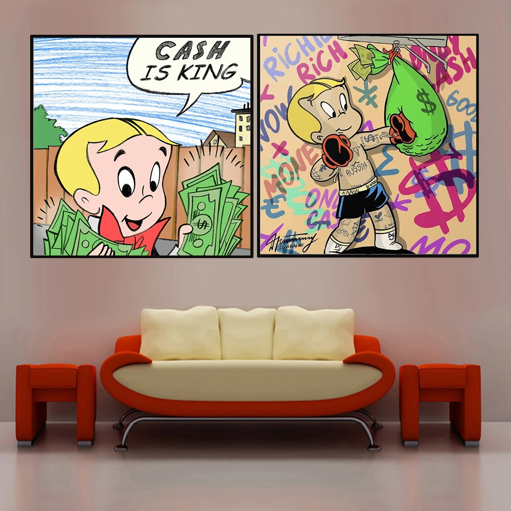 Funny Cartoon Cash is King Get Rich little Boy Wall Art Pictures For Home Decor Cuadros Living Room Decoration Canvas painting