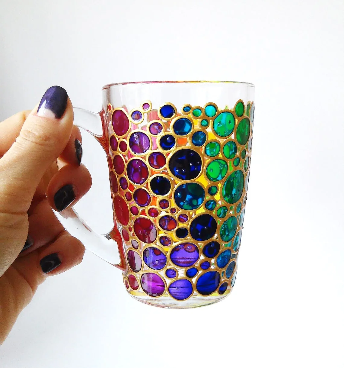 Rainbow coffee mug gift colorful hand painted glass mug with bubbles design