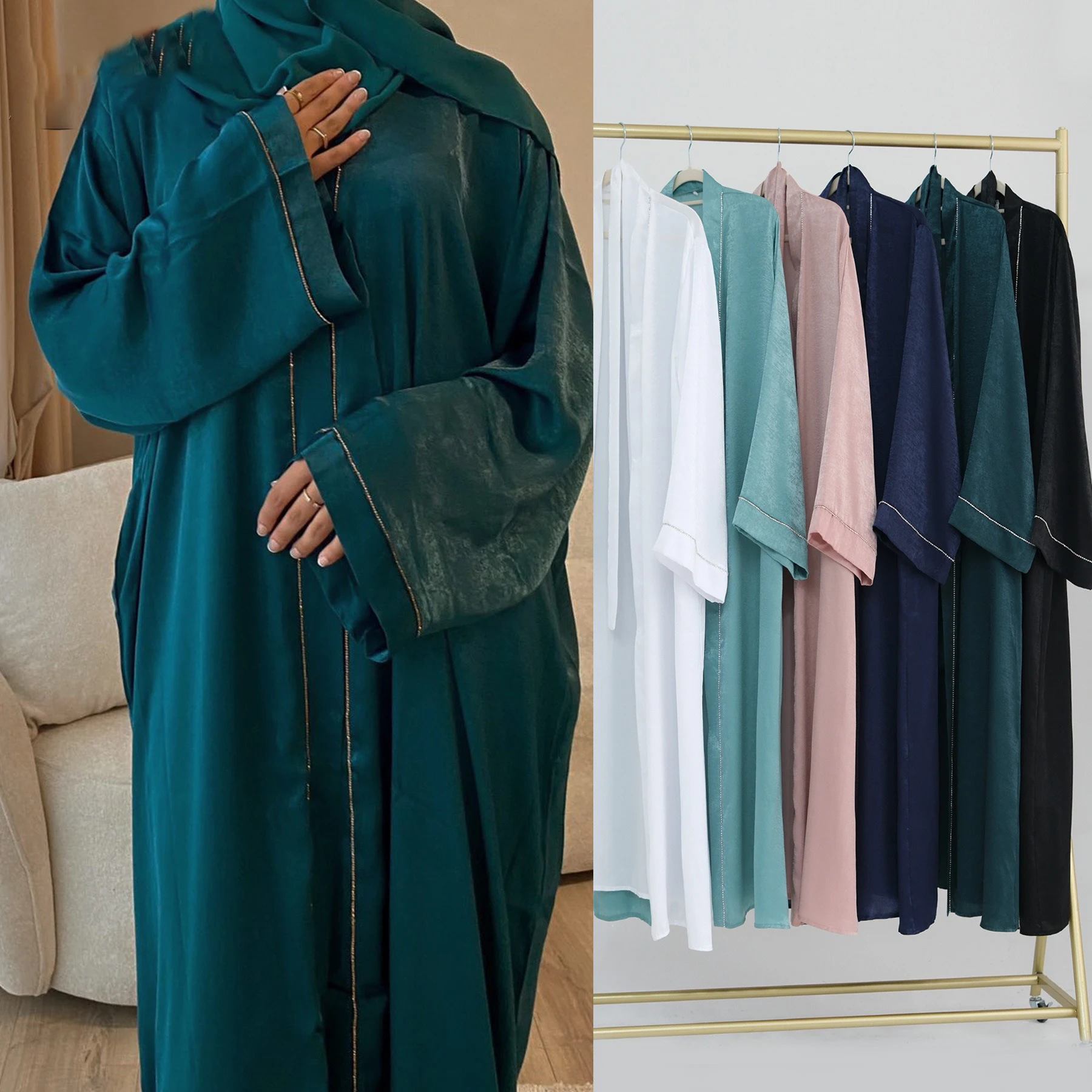 Middle East Arab Turkish Dubai Abaya Muslim Womens Daily Solid Color Trim Robe Cardigan