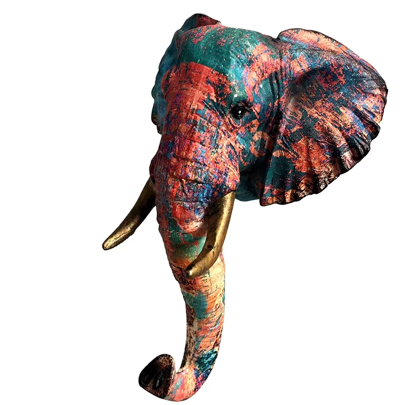 Modern art wall hanging elephant head sculpture wall mounted color printing model resin animal statue crafts home decoration
