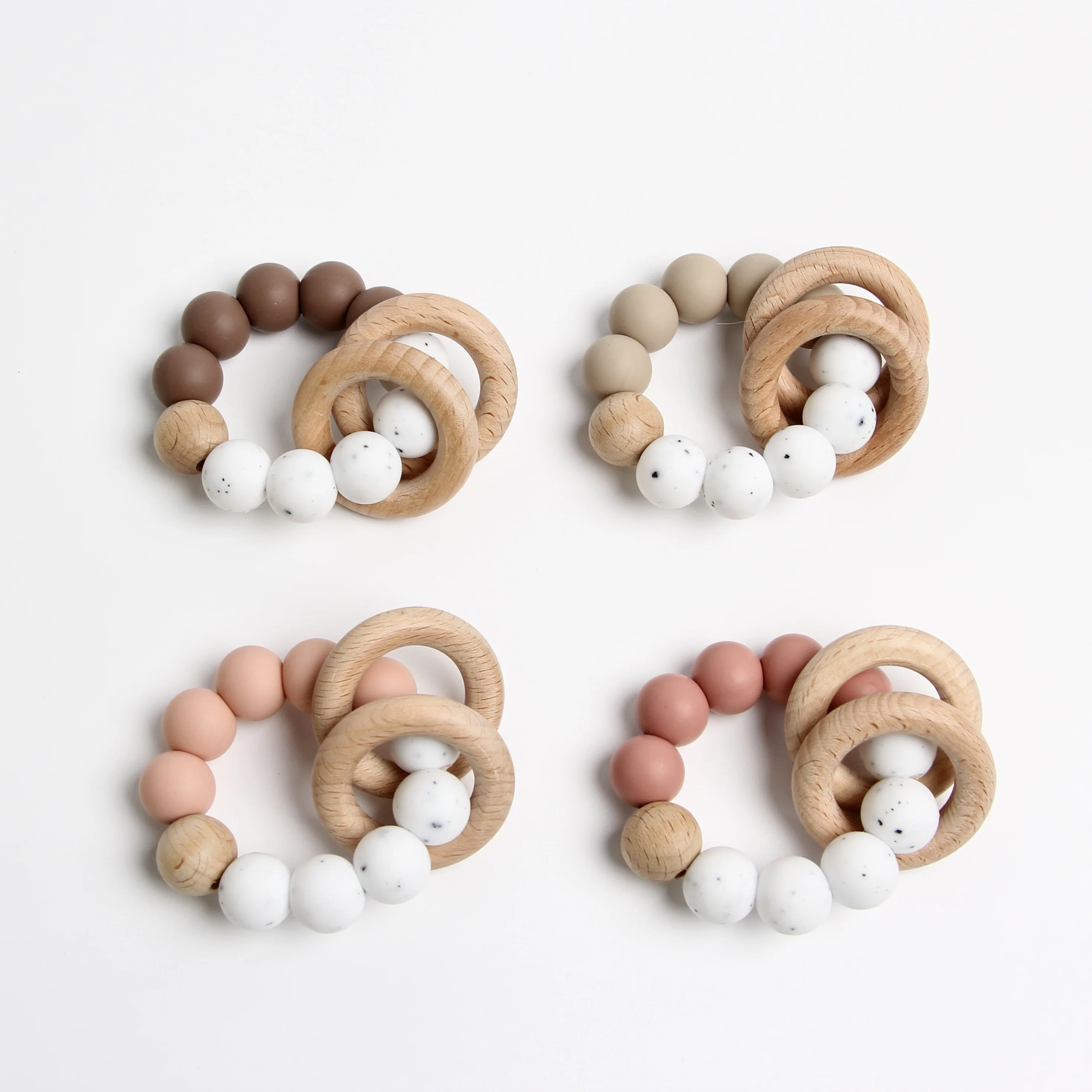 Custom Food Grade Silicon Mitten Toy chewable Rattle Wooden Teething Toys Ring Baby Gift Set Baby Silicone Teether