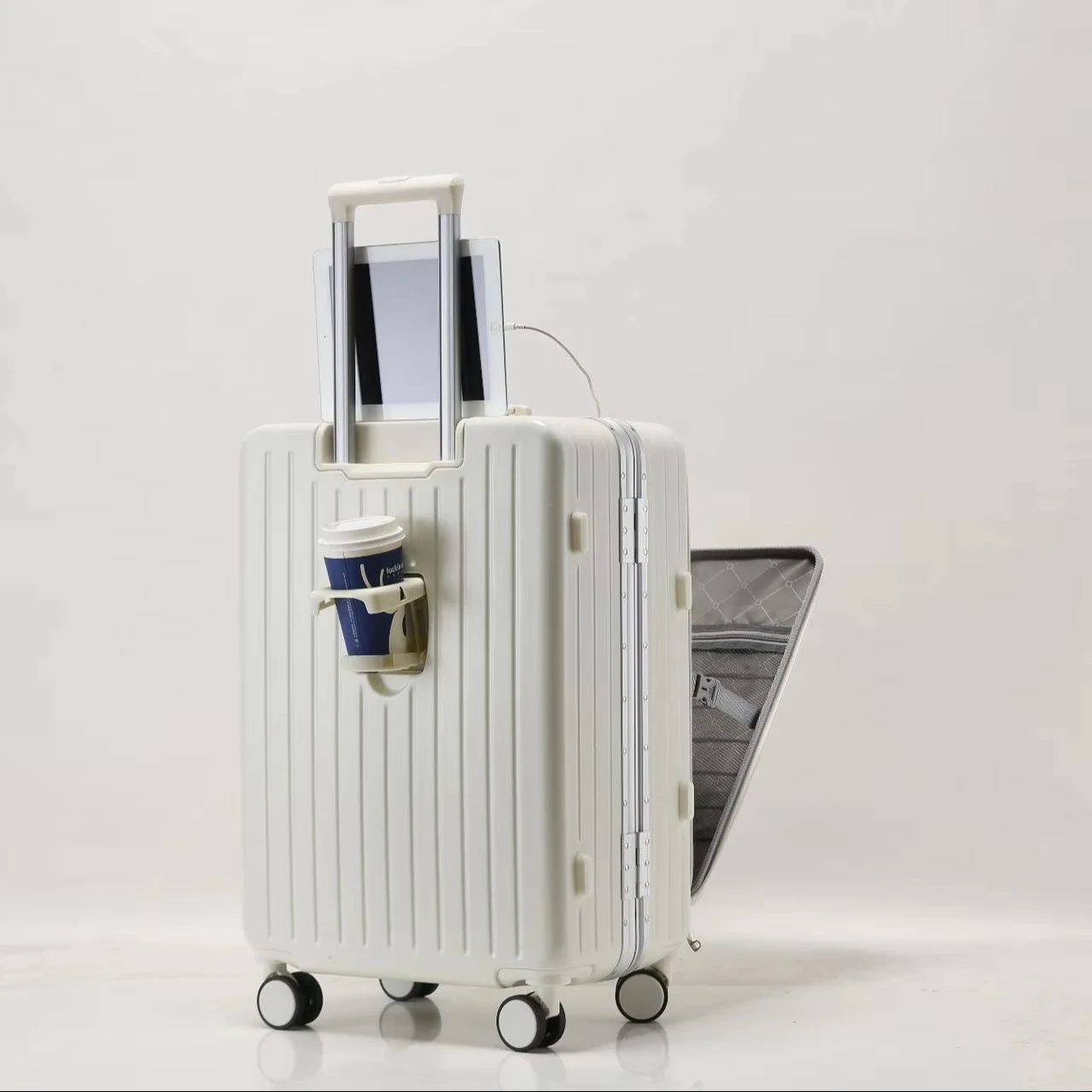 Factory custom rotary Luxury travel airport luggage installed front opening Abs luggage