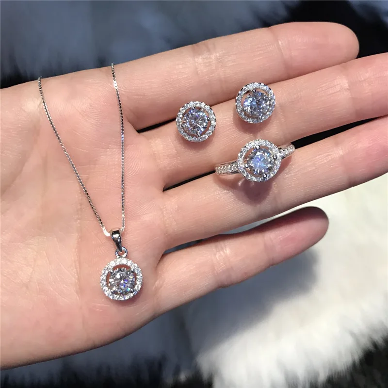 Hot Selling Shiny Wedding Jewelry Set Earring Ring Necklace Aaaaa Micro Pave Zircon 925 Silver Jewelry Sets Women /
