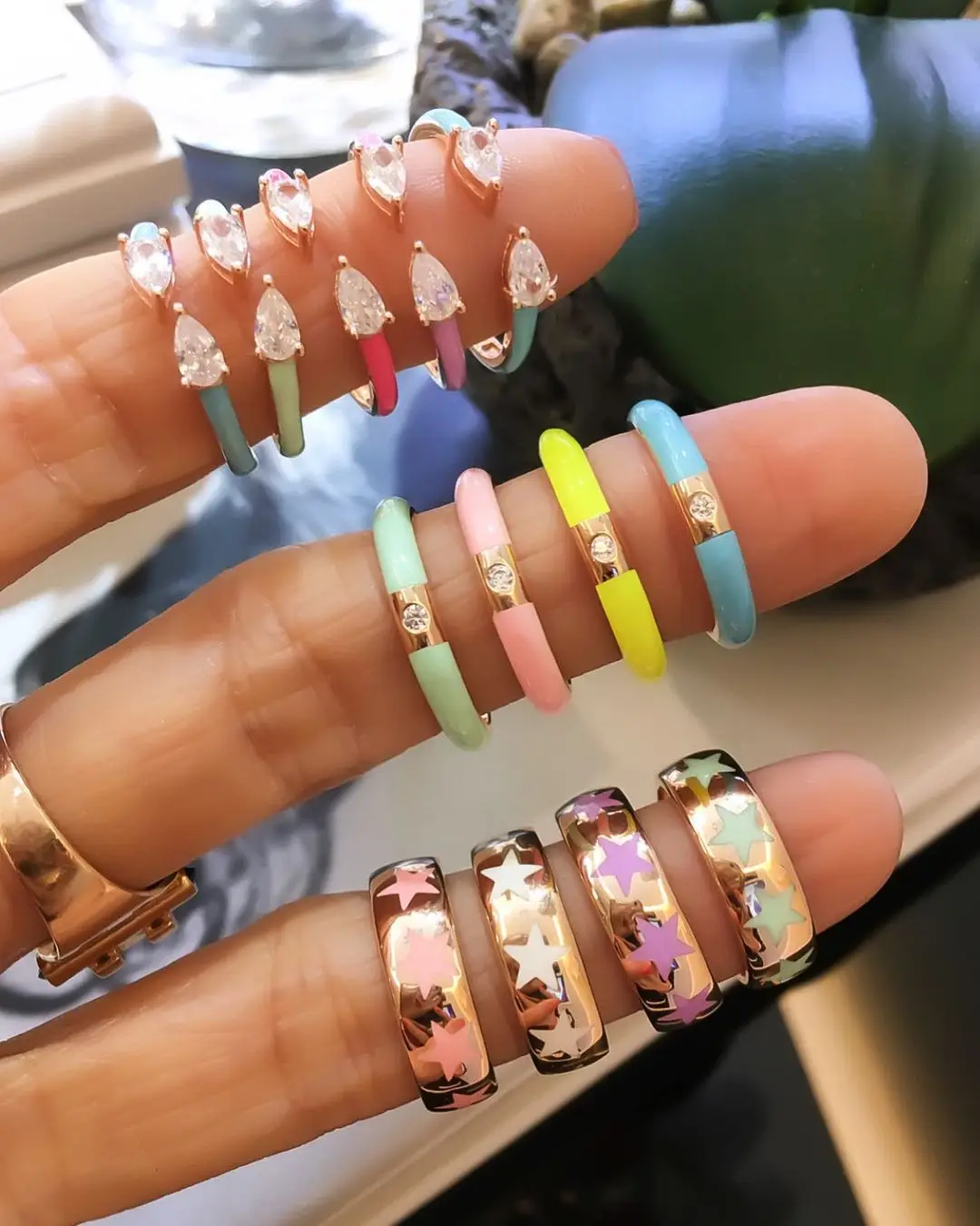 new trendy enamel colorful jewelry two heart bling cz design lovely ring for girls women