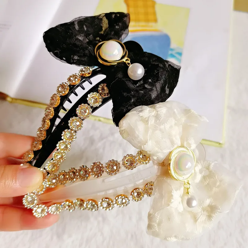 Tiktok Make Me Buy Diamond Hair Claw Lace Bow Plate Curling  Hairpin Luxury Rhinestone Pearl Duckbill Hair Clip for Women