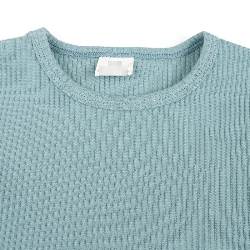 New Fashion Wholesale Custom Logo Kids Blue Ribbed Children 2 Piece Shorts Set