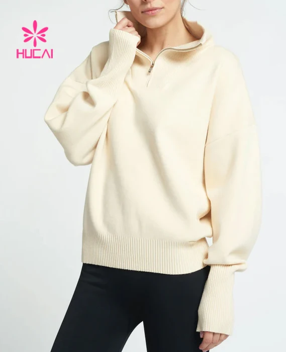 New Design OEM Cotton spandex Pullover Solid Custom Logo front zip active wear Women Sweatshirt