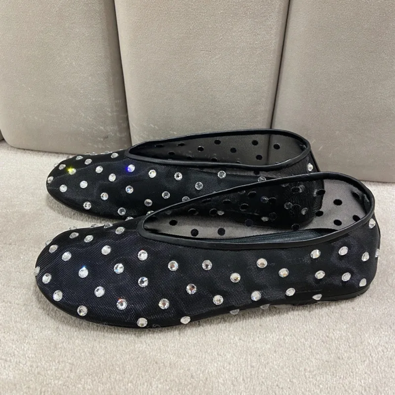 Dropshipping Custom Logo Mesh Flats Women Crystal Round Toe Rhinestone Genuine leather Loafers for Ladies