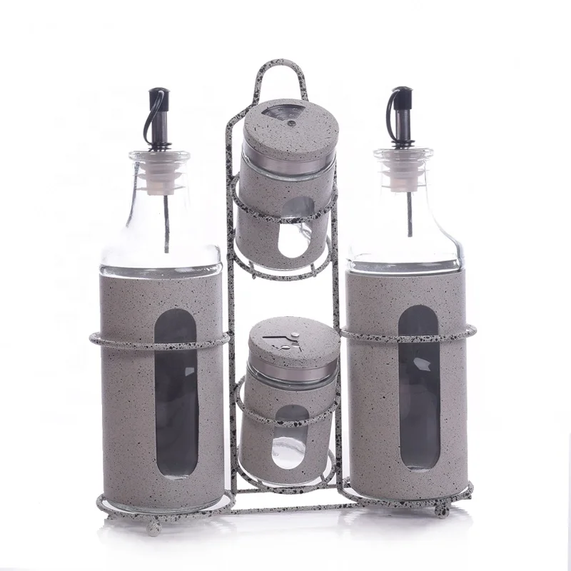 
Premium Salt and Pepper Dispenser Oil and Vinegar Bottles Glass Condiment Set with Stainless Steel Holder 