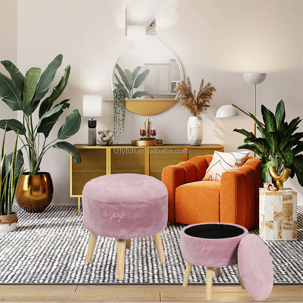 Ottoman Manufacturer Round Fabric Wood Leg Ottoman