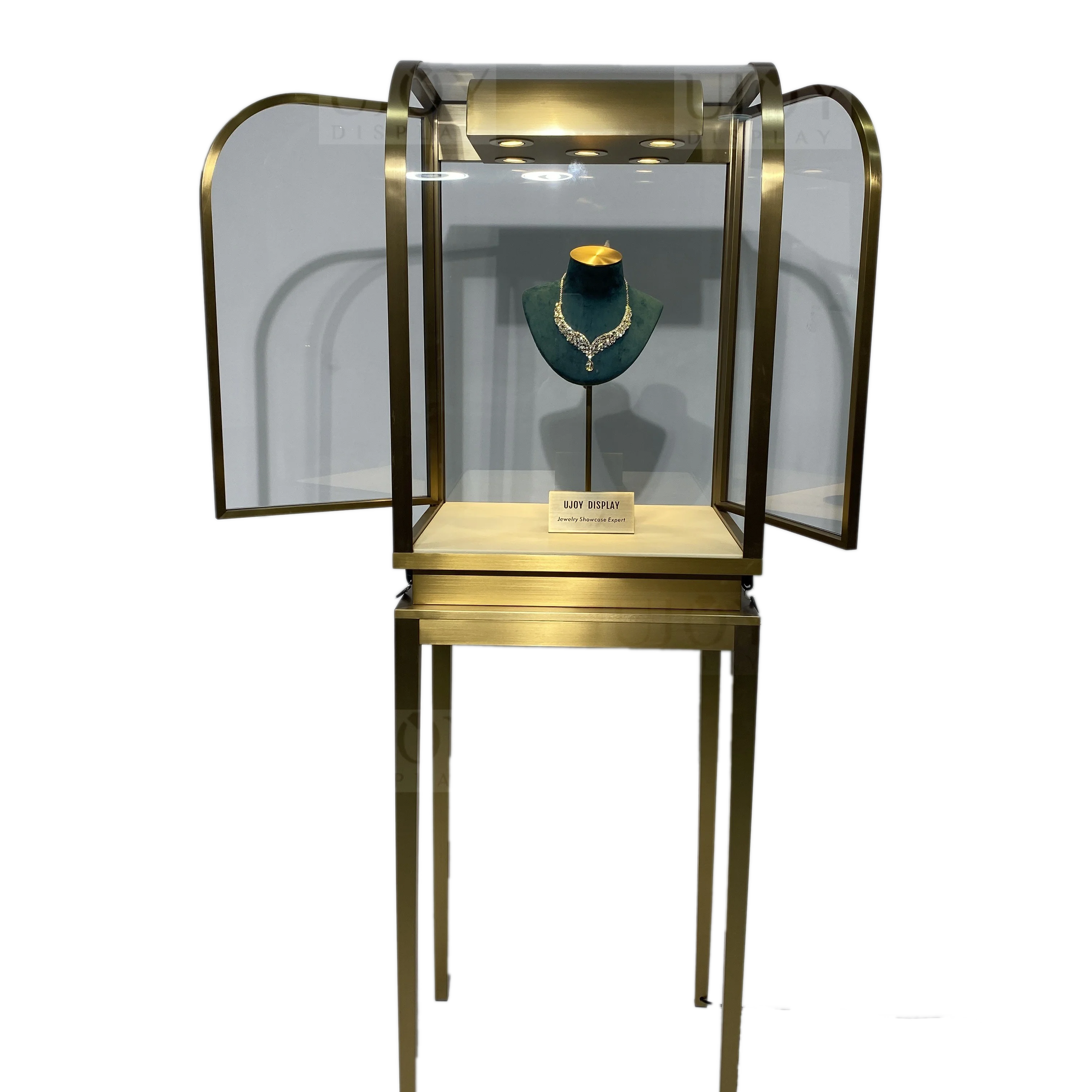 Customized high quality free standing stainless jewelry display showcase for shopping mall