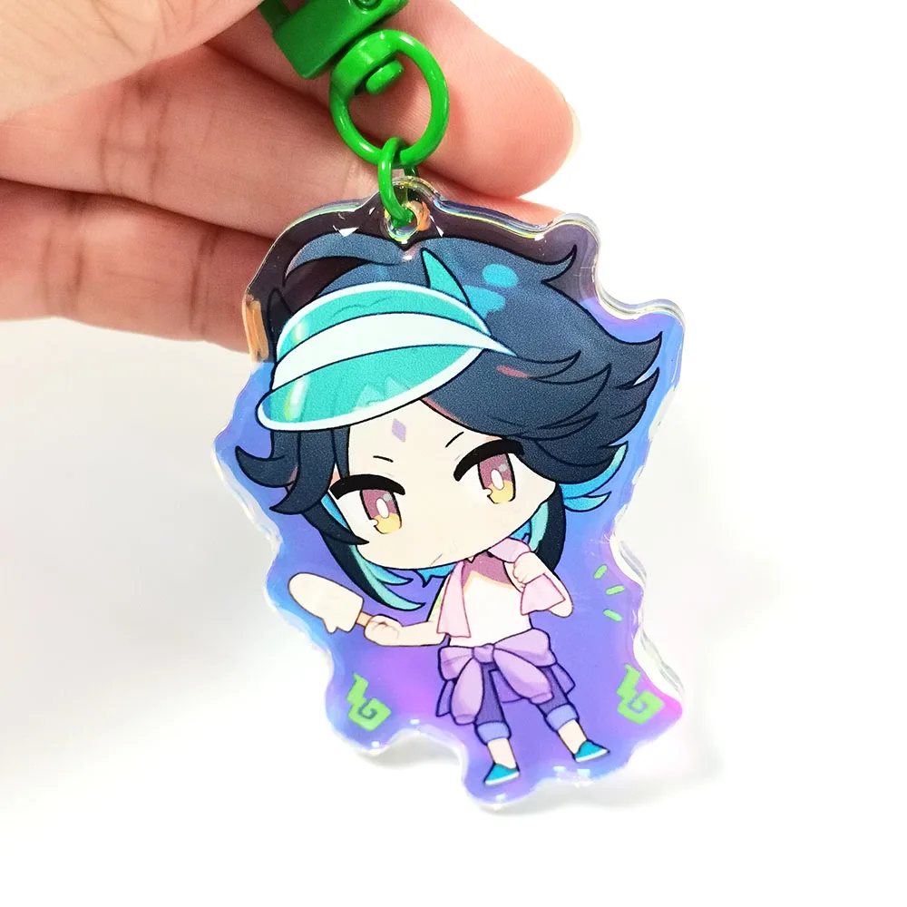 Custom high quality iridescent acrylic keychain mirrored charms with epoxy rainbow hologram