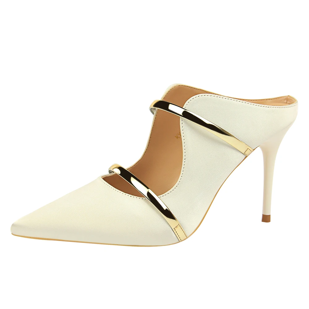 1788-2 пикантные женские сандалии в европейском и американском стиле на шпильке атласные открытые металлические тапочки с острым носком