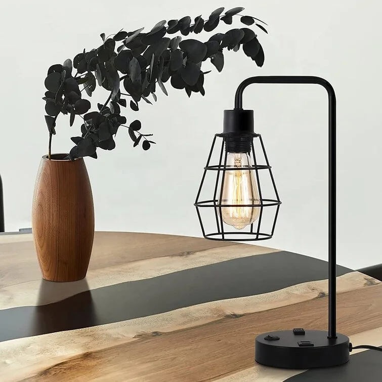 Modern Black Bedside Lamp With Dual Usb Charging Ports And Ac Outlet Lamp With Metal Cage Shade