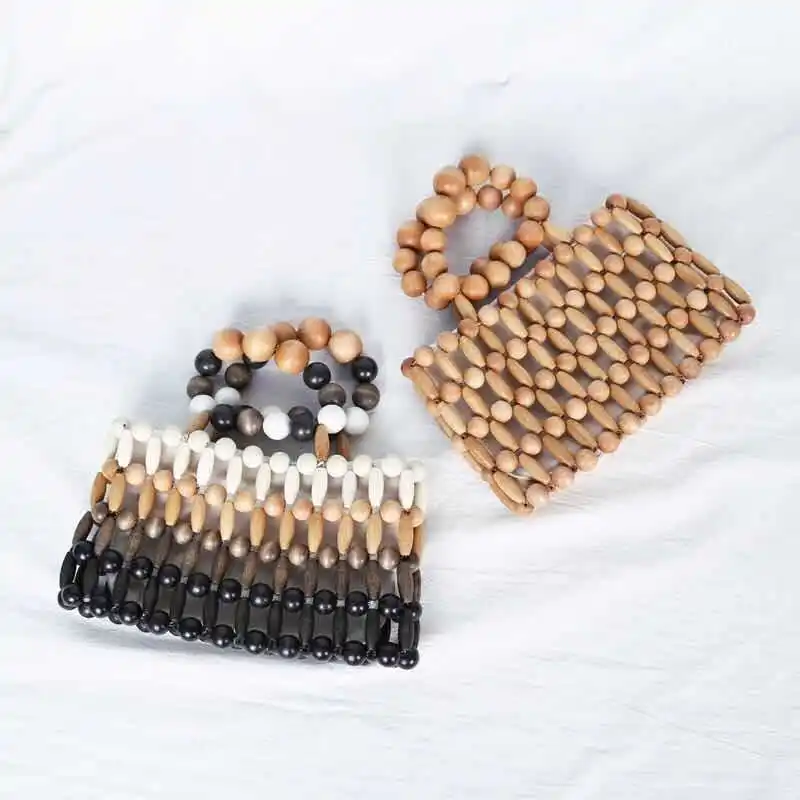 new design hand-woven beaded natural wood beads ladies bamboo woven bag clutch