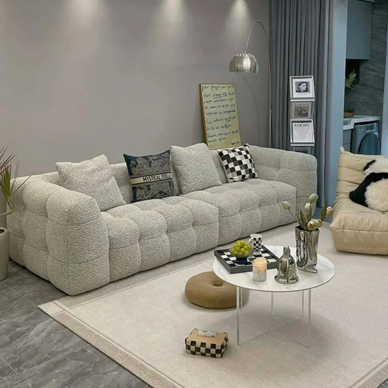 Modern Quiet Style Designer White Teddy Fleece Sofa Luxury Hotel Living Room Straight Three Seat White Lamb Fleece Sofa