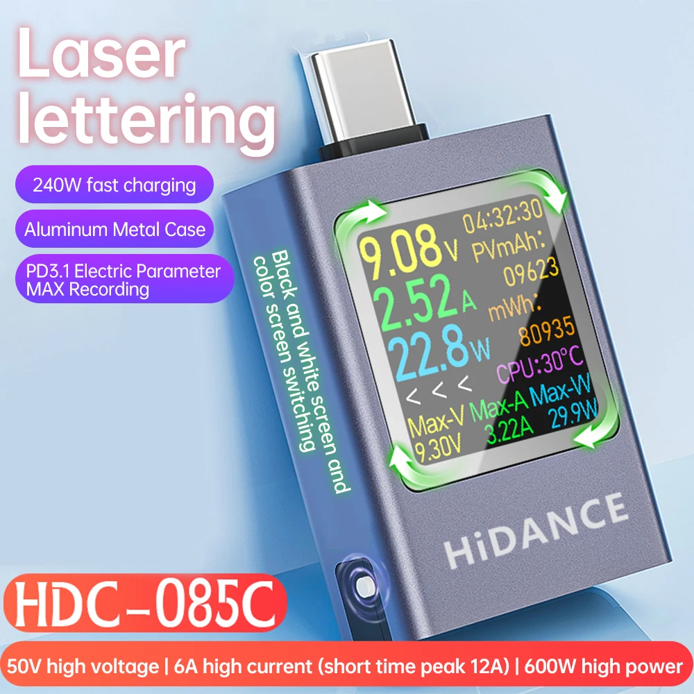 HDC-085C DC 4.5-50V 12A Voltmeter Multi-function Digital Display DC Voltage Ammeter Power Meter Type-c Cell Phone Charging Test
