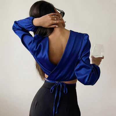 Sexy Backless Crop Top Lace Up Wrap Top Ladies Elegant Women Satin Shirt Silk O-Neck Blue Spring Summer Blouse