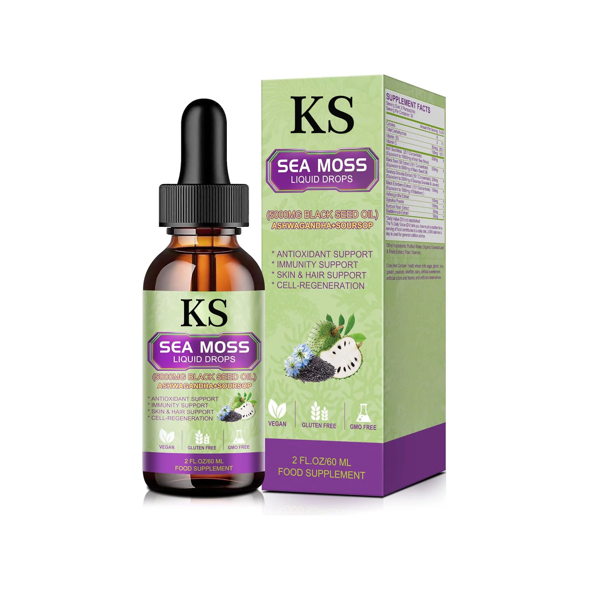 Organic Sea Moss Liquid Drops Irish Sea Moss & Black Seed Oil Supplement with Burdock Root Oral Liquid for Adults Only