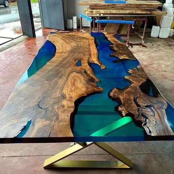 China Supplier Special Design Restaurant Kitchen Walnut Wood Epoxy Resin Slab River Dining Table