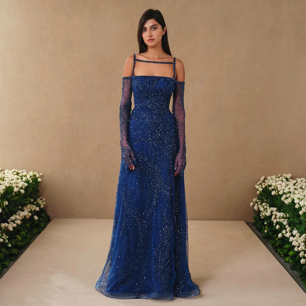 Arabic Navy Blue Evening Dress With Long Sleeves 2024 Luxury Beaded Dubai Women Wedding Guest Party Gowns Sz396