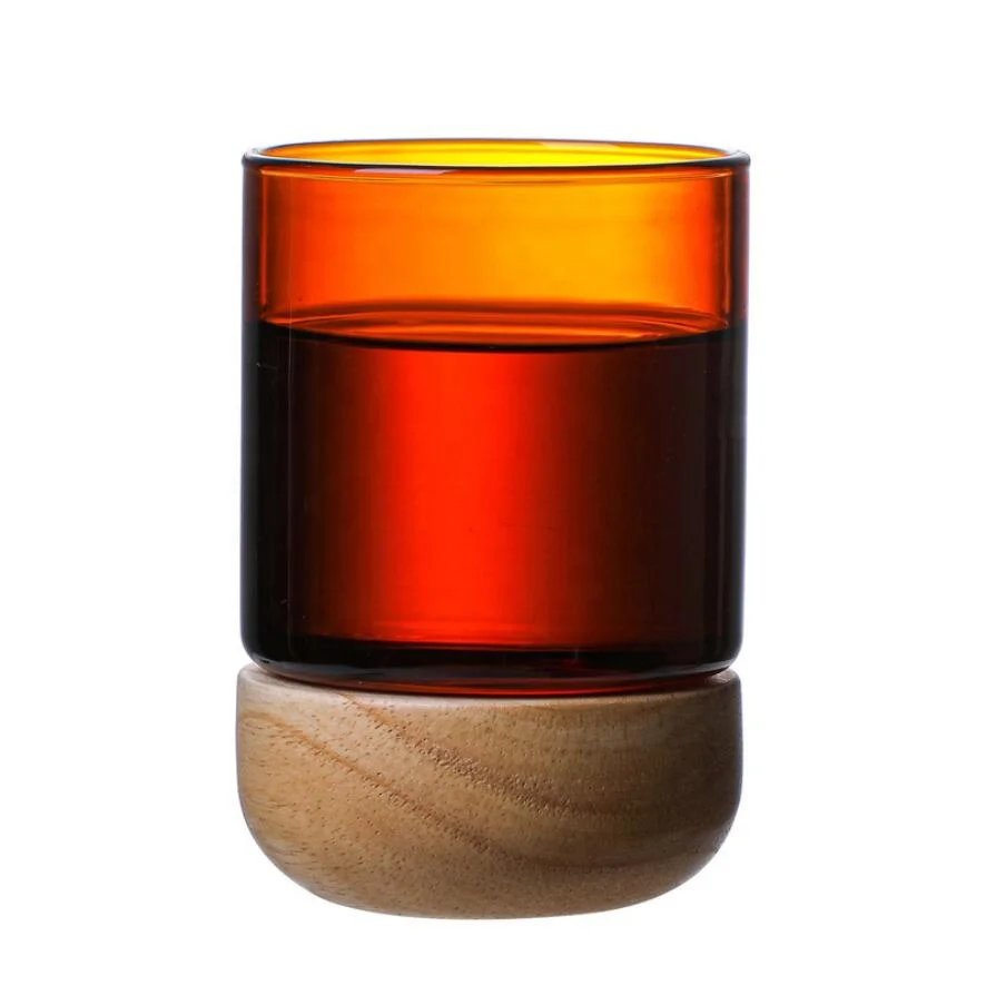 High quality heat resistant glass cup with Wood base Whisky Glass Drinking Cup for Liquor Spirits