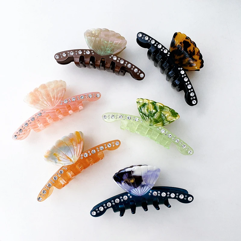 New Design 11.5CM Women Rhinestone Crystal Shark Claw Hair Accessories Non Slip Butterfly Large Cellulose Acetate Hair Claw Clip