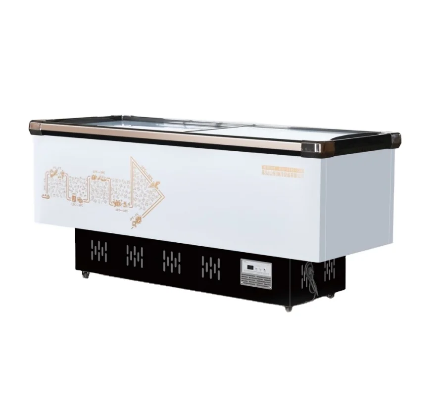 Supermarket luxury sea food dumplings steak with cover  island chest frozen freezer