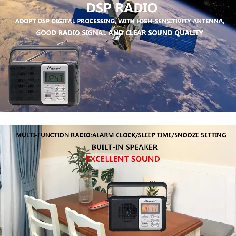 Mason 2022 Hot sell multi-functions  digital fm am portable radio receiver with alarm clock/sleep/snooze setting