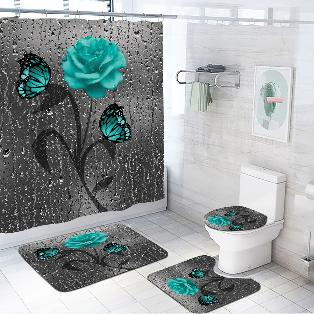 
Four-piece bathroom digital printing shower curtain mat 