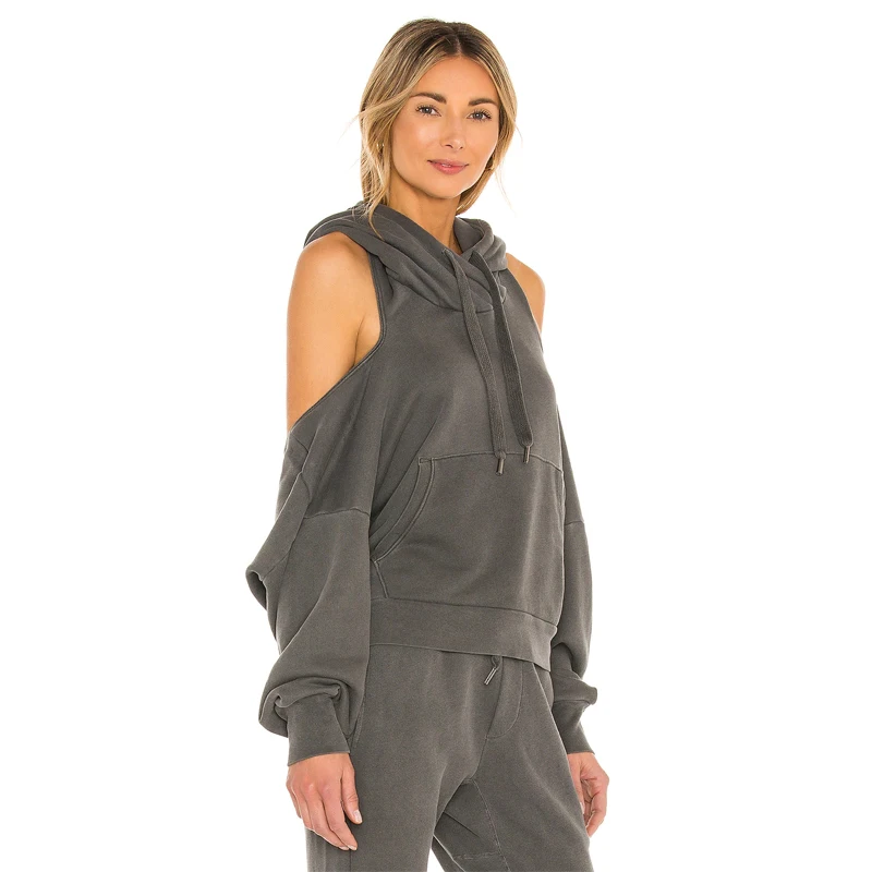 Custom women casual  fashion street high quality wear sexy cut out off shoulder Ribbed long sleeves cuffs hoodie