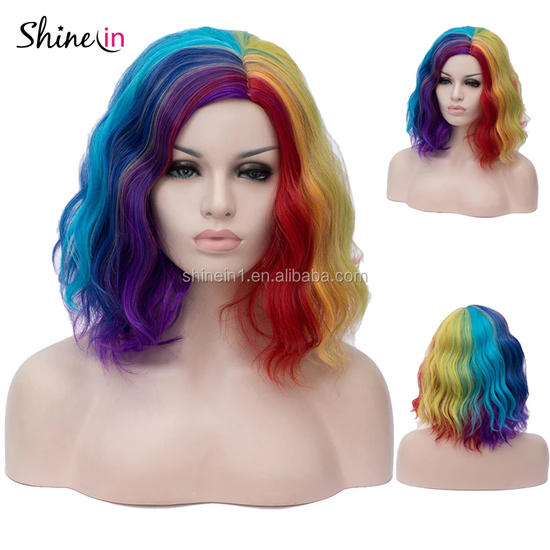 Hot Sale Bob Short Wavy Curly Wig Women Colorful Rainbow Wig For Halloween Cosplay Daily Party