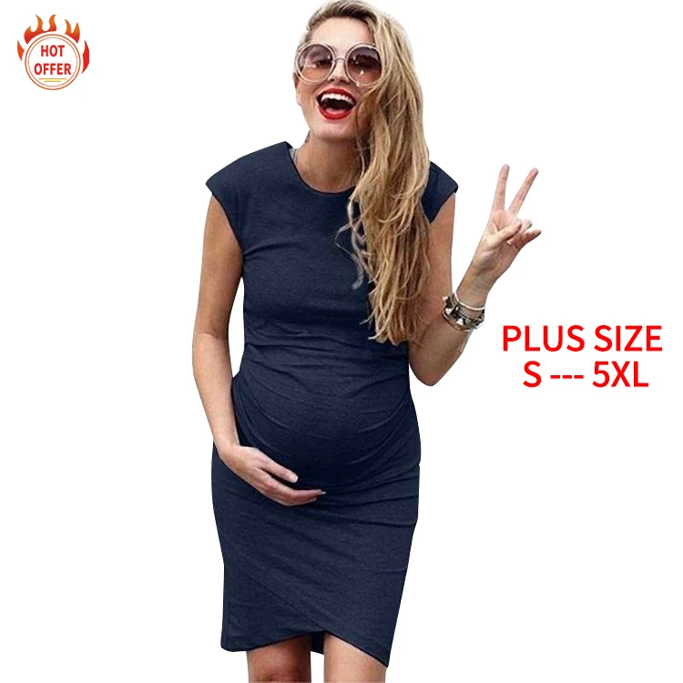Plus Size Round Neck Midi Casual Sexy Short Sleeve Pregnant Women Clothing Summer Maternity Dress