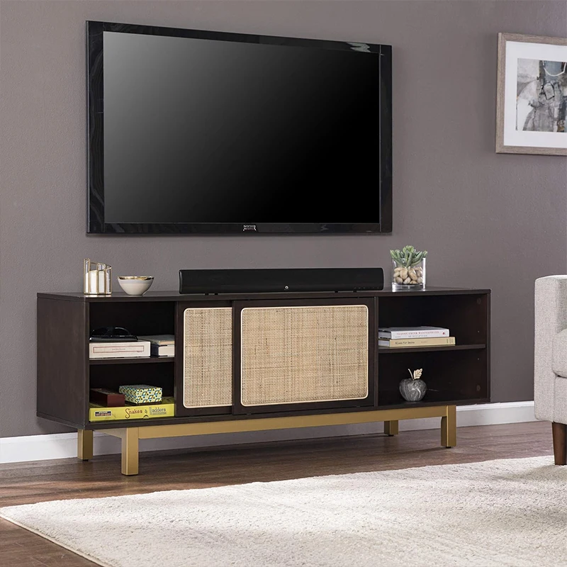 Solid Wood TV Cabinet with Rattan Japanese Log Simple Modern Scandinavian Design for Small Household Whole Floor Cabinet
