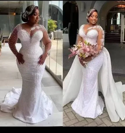 2023 Hot New African Plus-size Wedding Bride Fish Tail Removable Wedding Dress Embroidery Pearl High Quality Wedding Dress