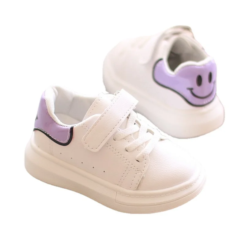 2021 Fashion Sports White Smiley Face Pattern Little Girl Casual Soft Sole Kids Shoes