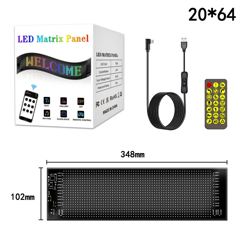 1024 LED Scrolling Advertising LED Signs USB LED Car Sign App Control Custom Text Pattern LED Fullcolor Display