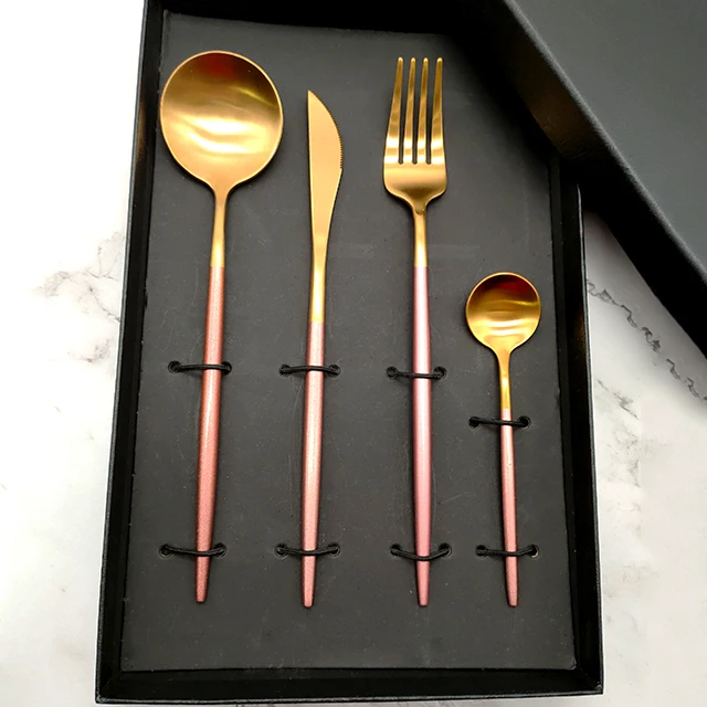 Portugal Stainless Steel 304 Cutipol Matte Gold Plated Pink Handle Cutlery Set