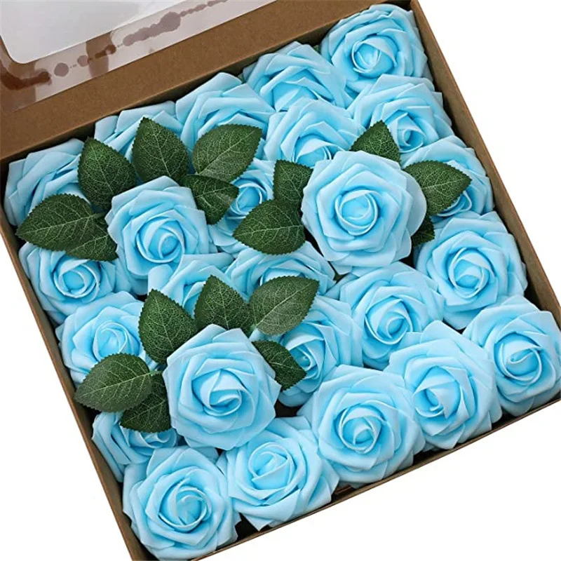 Wholesale 8CM Artificial Rose With Leaves 25PCS Home Decoration PE Simulation Rose Flower Foam Flowers DIY Gift For Wedding