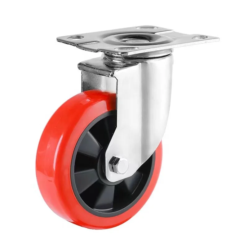 Eco-friendly Red Medium Heavy Duty 180kgs Universal Smooth Running Red PU Polyurethane Caster Wheels for Trolleys