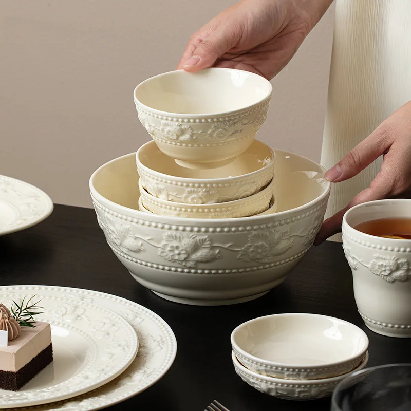 Embossed Cream Style Ceramic Dishware Set High-Grade Good-Looking Tableware Home Restaurant Elegant Weddings Housewarmings