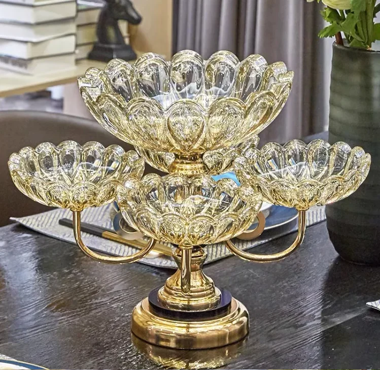 Classic Quality Luxury Creative Glass Dried Fruit Candy Plate 2-layer metal tray