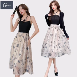 Candice influencer A line print knitted sexy suspender two piece set dress with cardigan