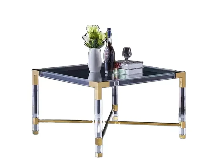 Light Luxury Home Furniture Modern Style Coffee Table Clear Acrylic and Metal Square Cross Acrylic Table