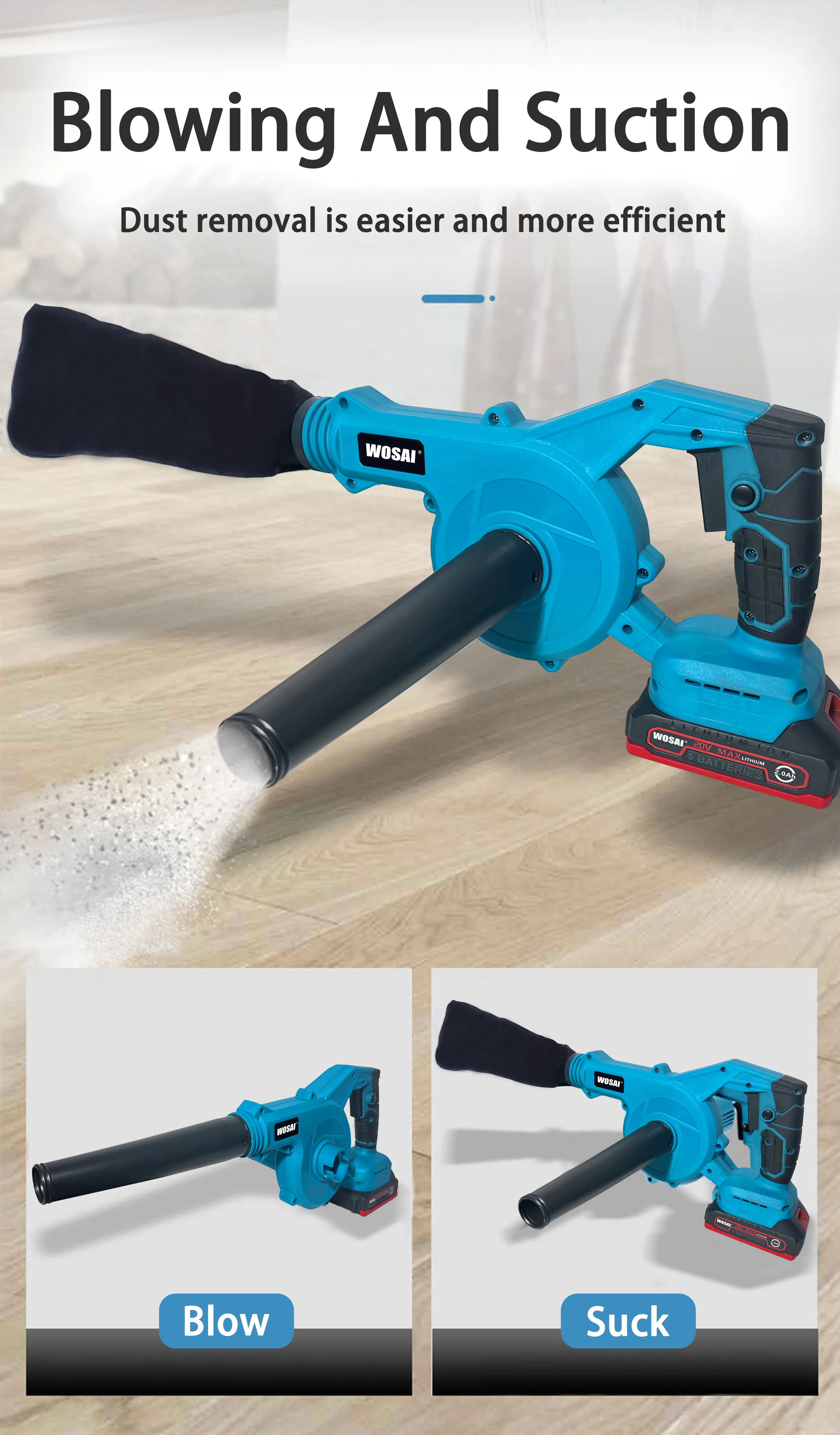 Cordless battery operated leaf blowers  20V 600W 370 CFM Brushless WOSAI snow blower machine blower vacuum electric garden too